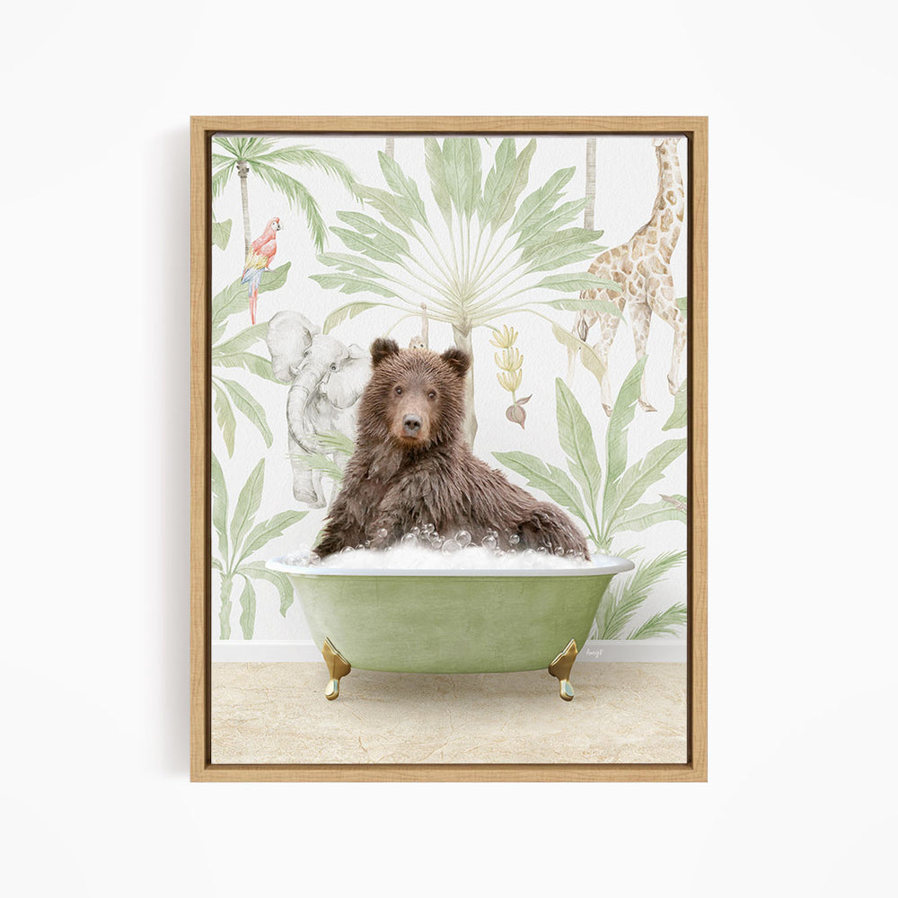 A brown bear is sitting in a green bathtub, surrounded by tropical foliage and animals, including a giraffe and a parrot.