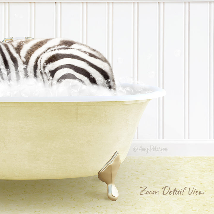 A zebra standing in a bathtub filled with bubbles, with a white wall and text overlay in the background.
