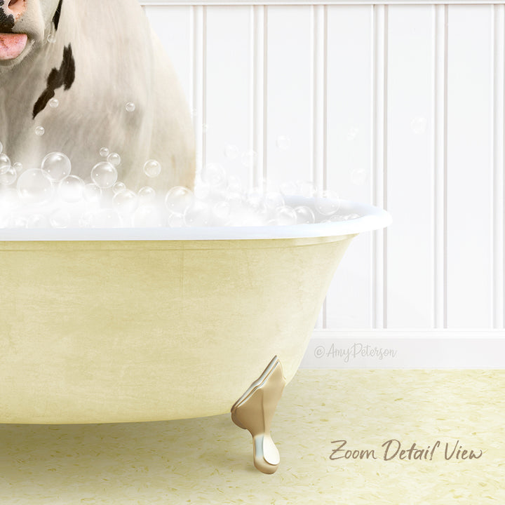 A dog is sitting in a bathtub filled with bubbles, with a white wall and a wooden floor in the background.