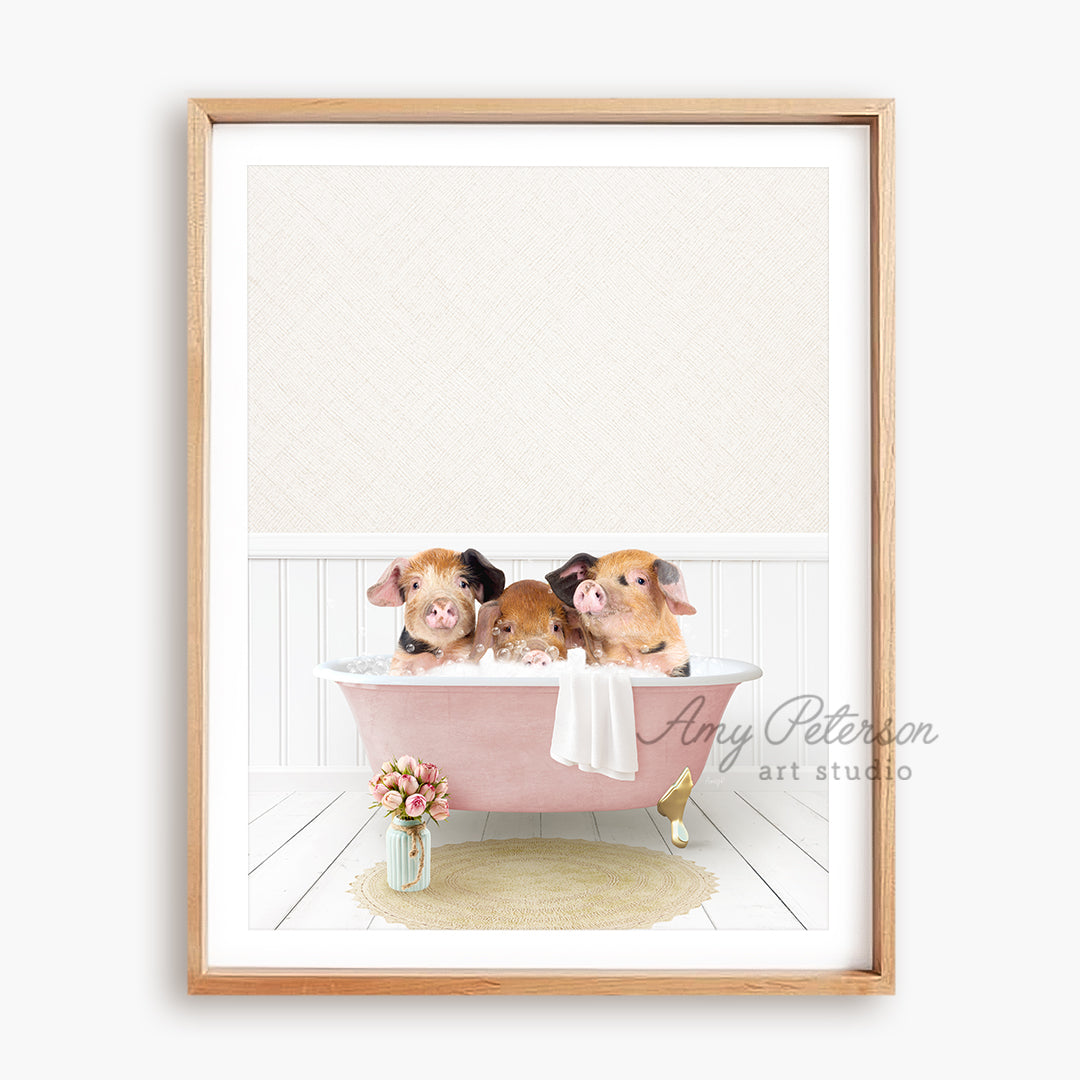 a painting of three pigs in a bathtub