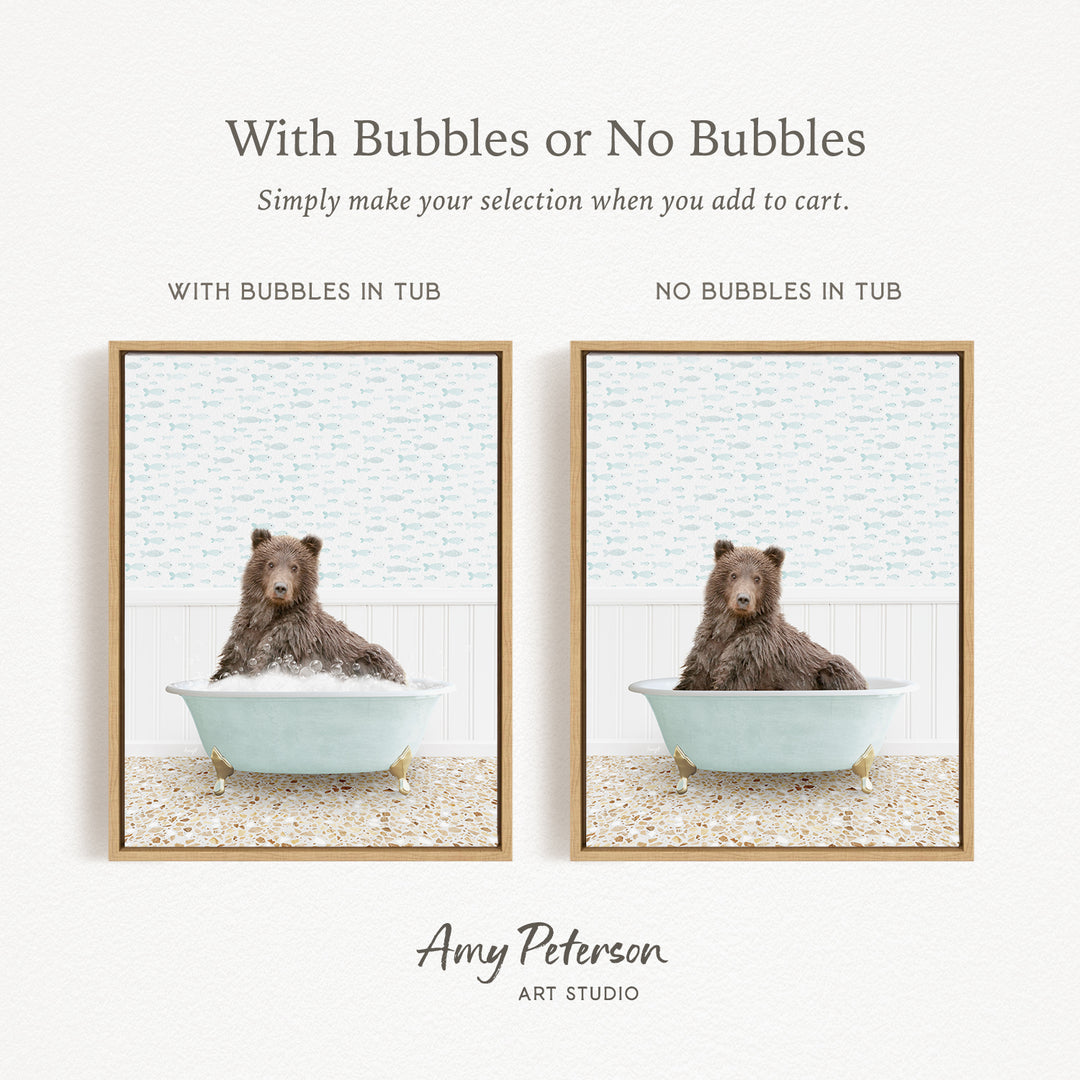 The image is a collage of two framed pictures depicting a bear sitting in a bathtub. The bear is surrounded by bubbles, creating a playful and whimsical scene. The text above the images reads "With Bubbles or No Bubbles" and below the images, it says "Simply make your selection when you add to cart."