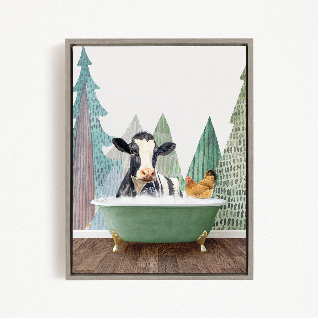 A cow is sitting in a green bathtub, surrounded by a chicken and a bird, with a forest-like background.