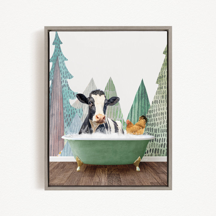 A cow is sitting in a green bathtub, surrounded by a chicken and a bird, with a forest-like background.