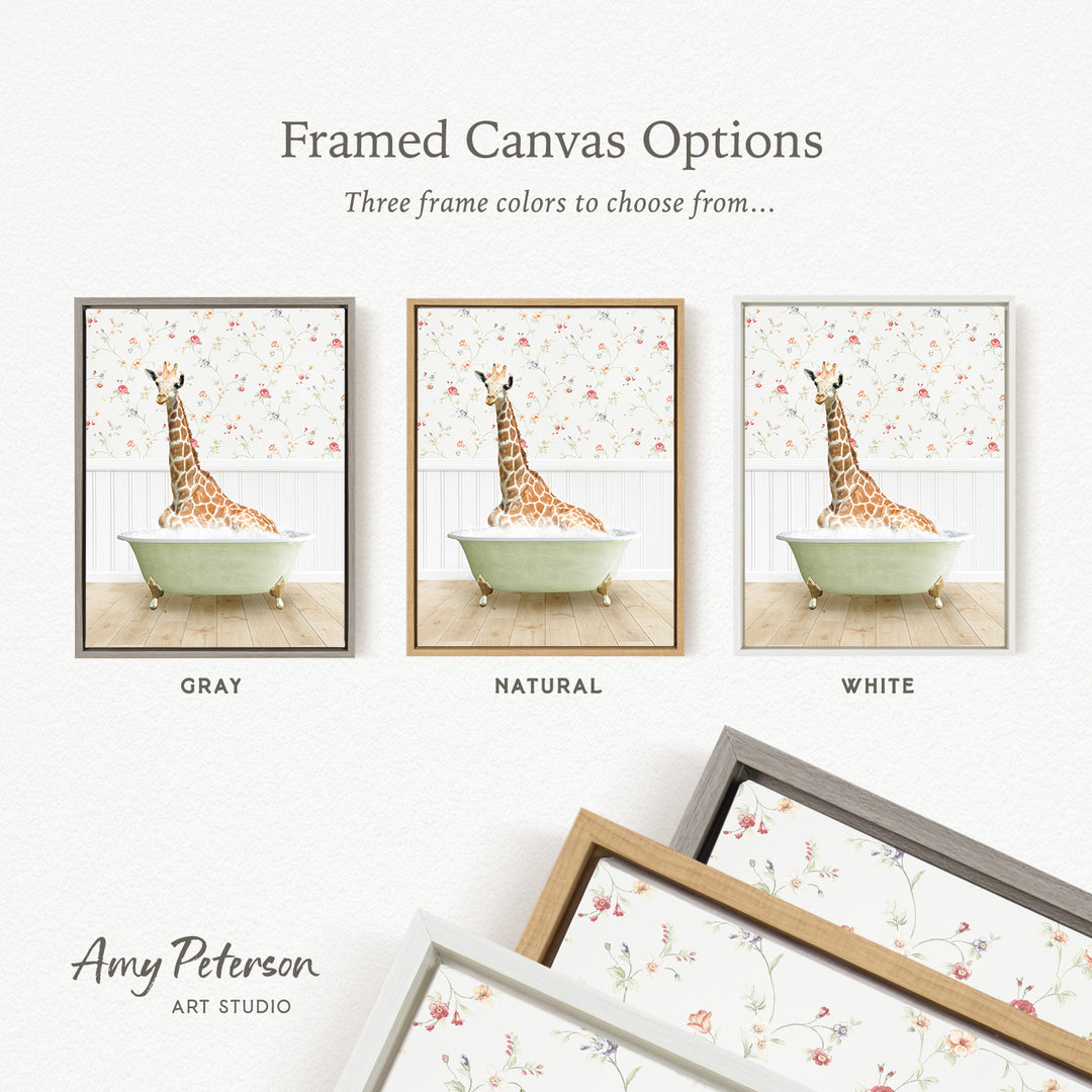 The image is a framed canvas option featuring three different framed pictures of a giraffe in a bathtub, each with a different frame color: gray, natural, and white.