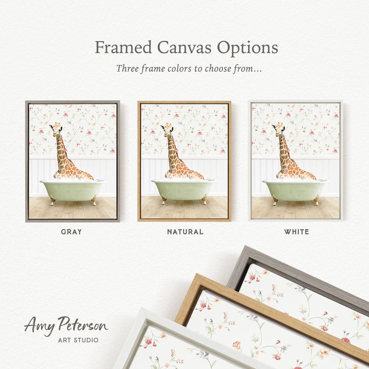 The image is a framed canvas option featuring three different framed pictures of a giraffe in a bathtub, each with a different frame color: gray, natural, and white.