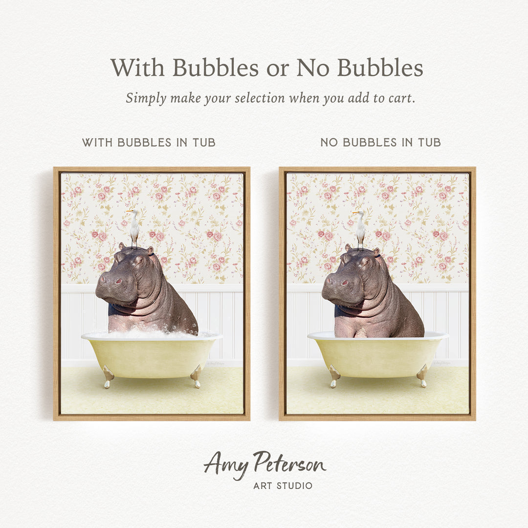 The image is a collage of two framed pictures, each depicting a hippopotamus in a bathtub. The text above the images reads "With Bubbles or No Bubbles" and below the images, it says "Simply make your selection when you add to cart." The text at the bottom of the image says " Amy Peterson ART STUDIO."