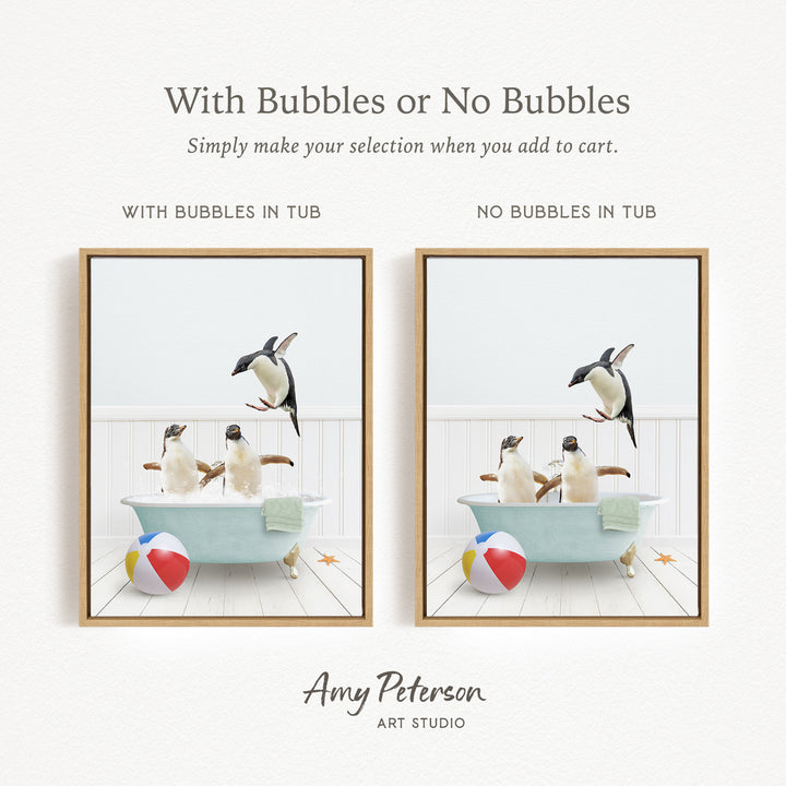 The image is a collage of two pictures, each depicting penguins in a bathtub. The first picture shows penguins in a tub with bubbles, while the second picture shows penguins in a tub without bubbles. The text above the images reads "With Bubbles or No Bubbles Simply make your selection when you add to cart."