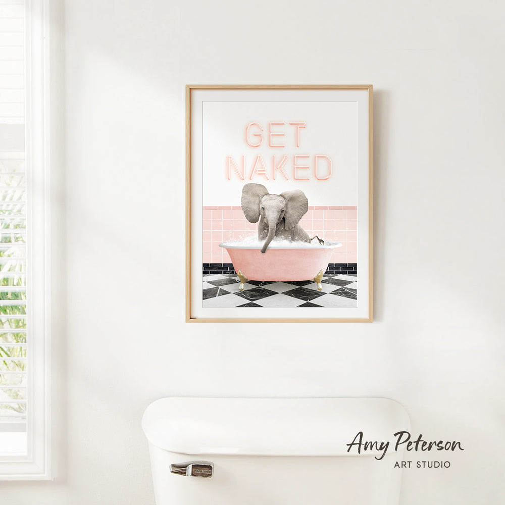 an elephant sitting in a pink bathtub, with the text "GET NAKED" displayed above it.