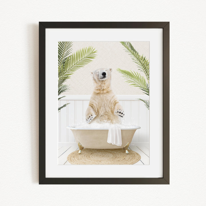 A polar bear sitting in a bathtub filled with water, surrounded by palm leaves, creating a whimsical and playful scene.
