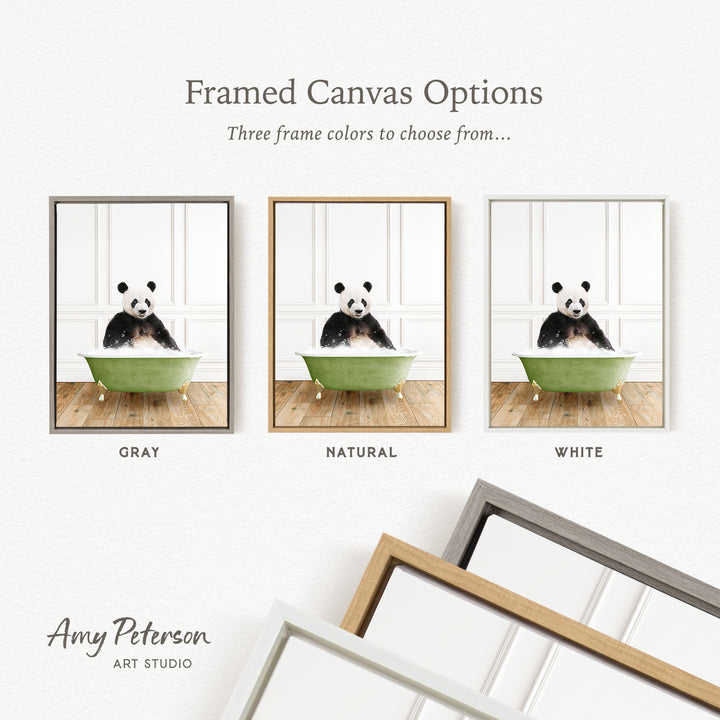 three framed canvas options, each featuring a panda bear sitting in a green bathtub. The options include a gray frame, a natural frame, and a white frame.