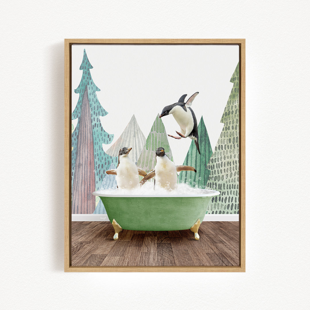 A framed image depicting two penguins sitting in a green bathtub, with one penguin flying towards the other in mid-air.