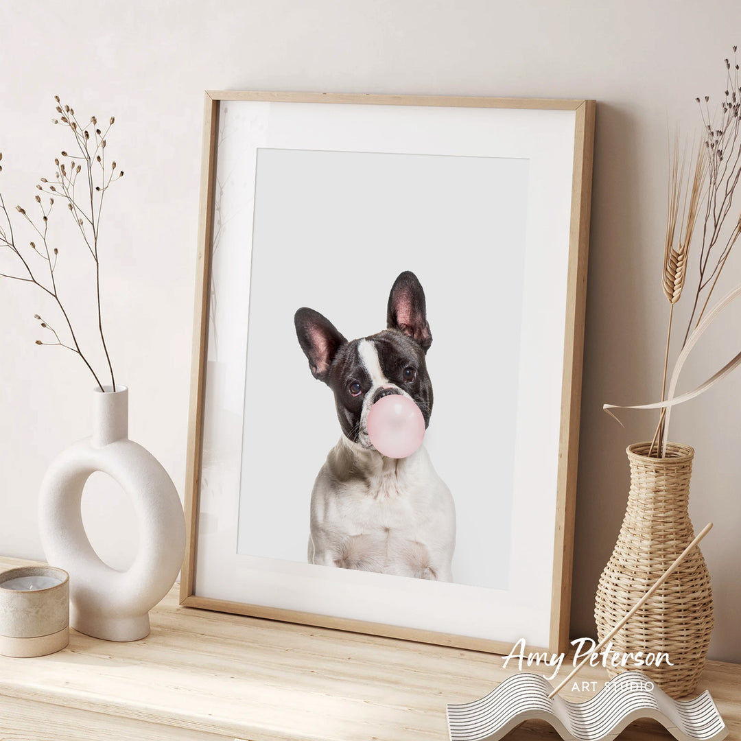A framed photograph of a dog blowing a bubble gum bubble is displayed on a wooden shelf, accompanied by decorative vases and a woven basket.