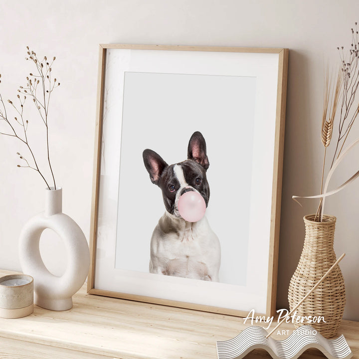 A framed photograph of a dog blowing a bubble gum bubble is displayed on a wooden shelf, accompanied by decorative vases and a woven basket.