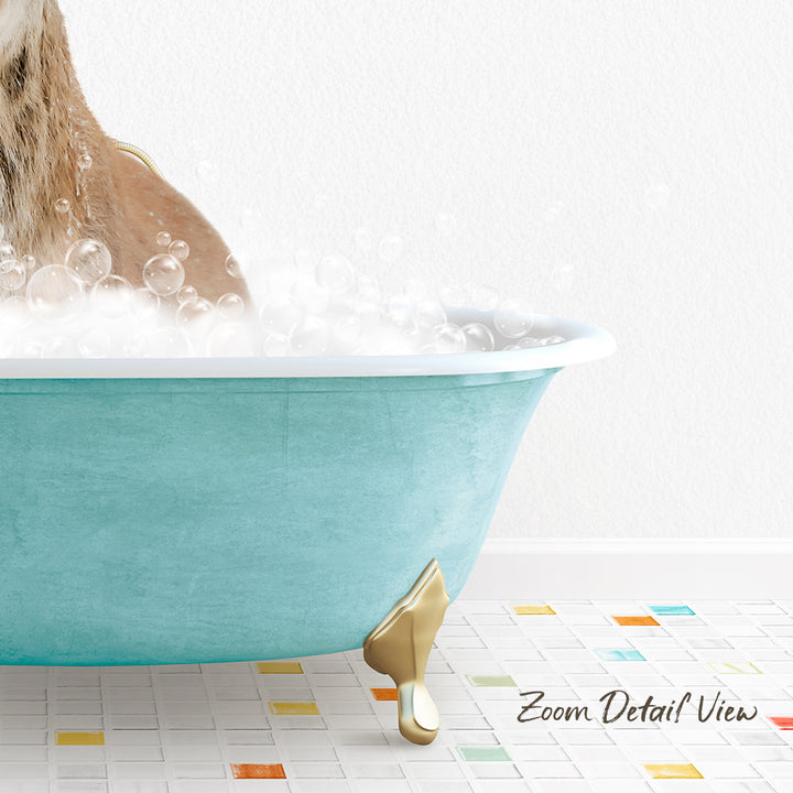 A dog is sitting in a blue bathtub filled with bubbles, with a tiled floor in the background.