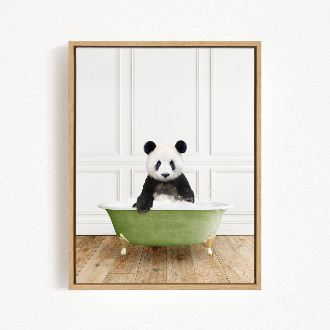 A panda bear sitting in a green bathtub, surrounded by a white wall and wooden floor.