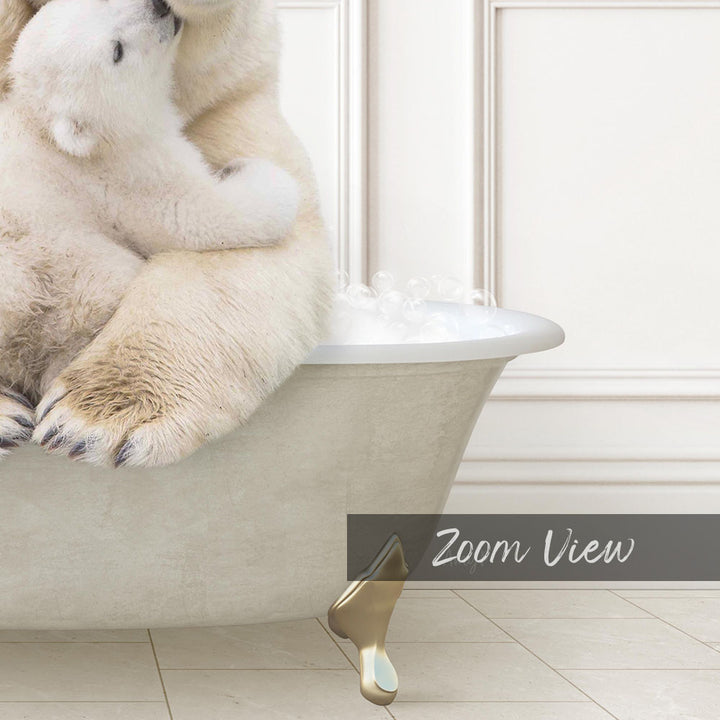 A polar bear sitting in a bathtub, with its head resting on another polar bear's back.