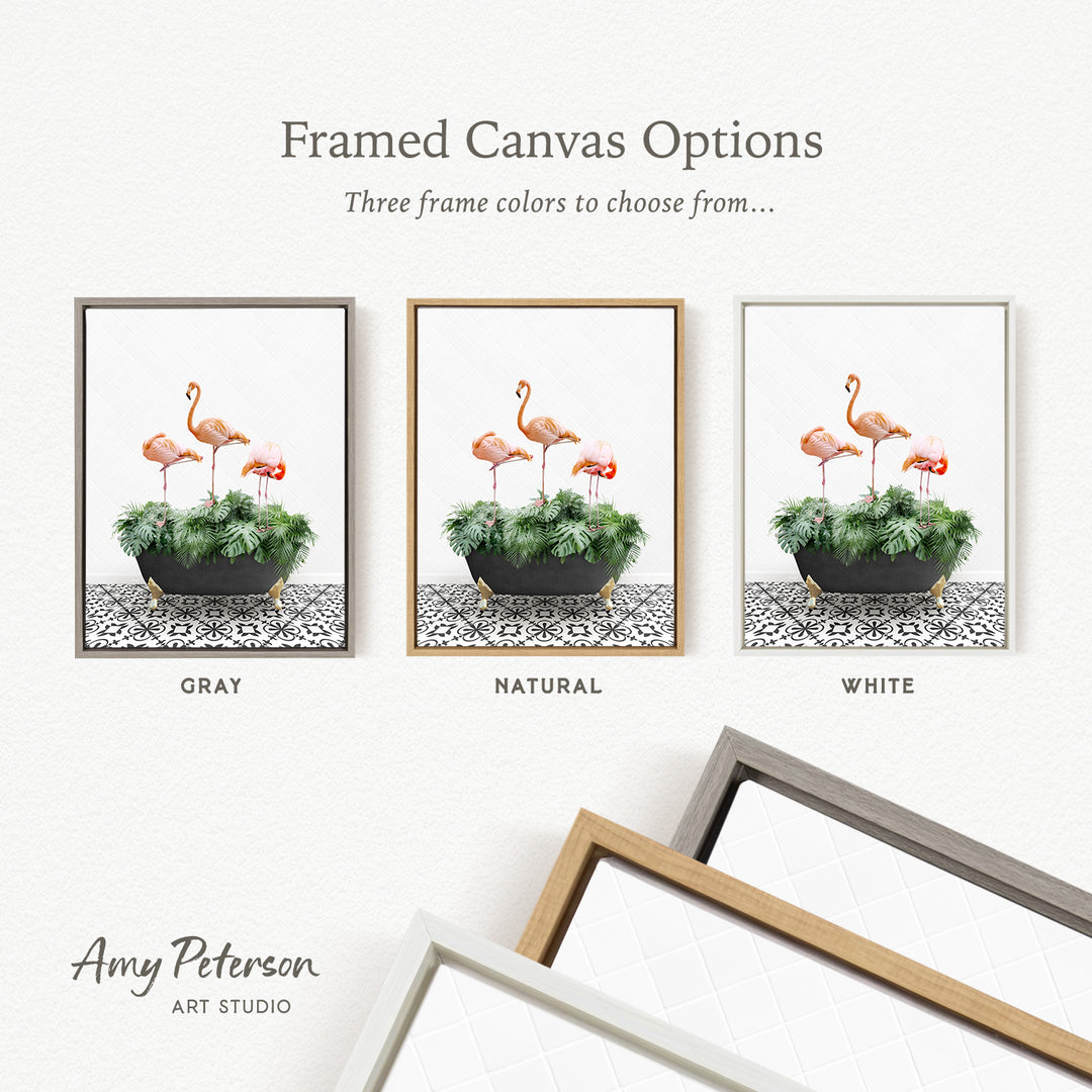 three framed canvas options, each featuring a different color and frame style. The options include a gray frame with a white and black floral pattern, a natural frame with a white and black floral pattern, and a white frame with a black and white floral pattern.