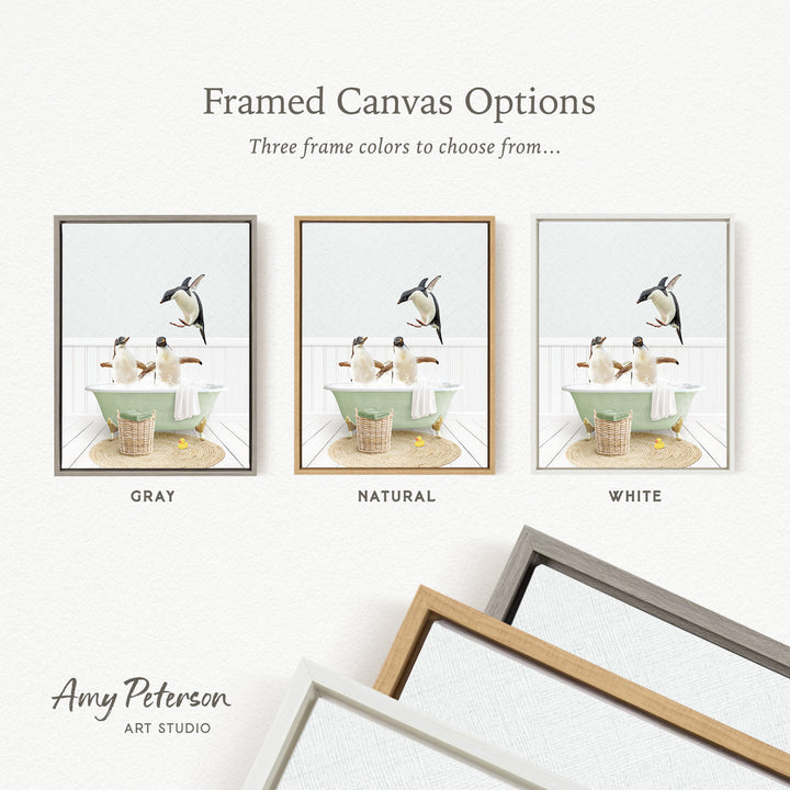 three framed canvas options, each featuring a different color and frame style. The options include a gray frame, a natural frame, and a white frame. The text above the options reads " Framed Canvas Options" and "Three frame colors to choose from...". The text below the options reads "GRY", "NATURAL", and "WHITE". The artist's name, " Amy Peterson ART STUDIO", is also present.