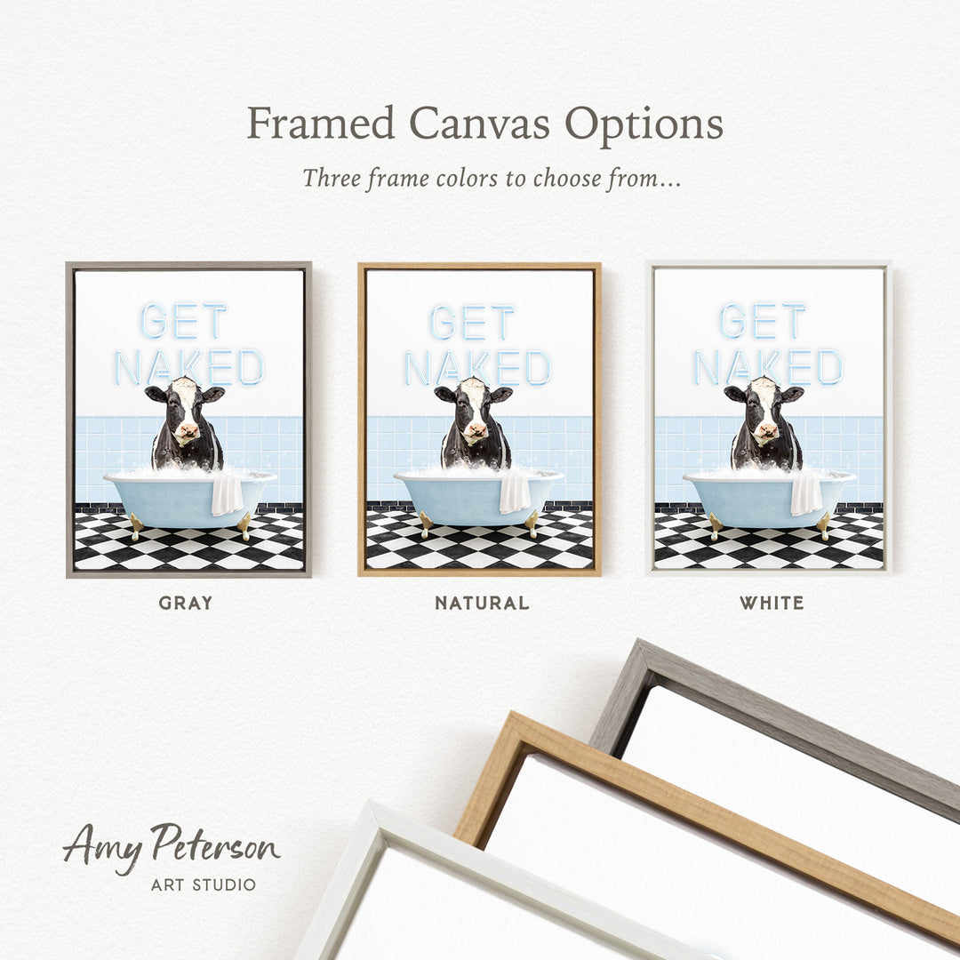 three framed canvas options featuring a cow in a bathtub, with each option having a different frame color.