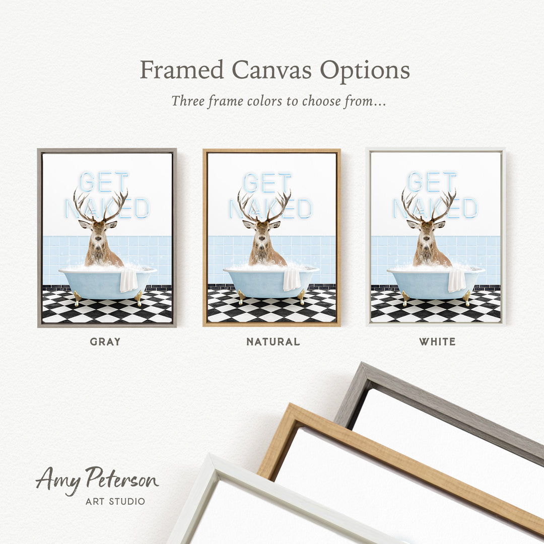 three framed canvas options featuring a deer in a bathtub, with each option having a different frame color.