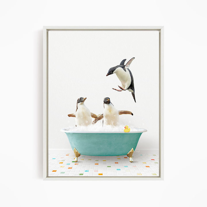 A framed image depicting two penguins sitting in a bathtub, with one penguin flying towards the other penguin.