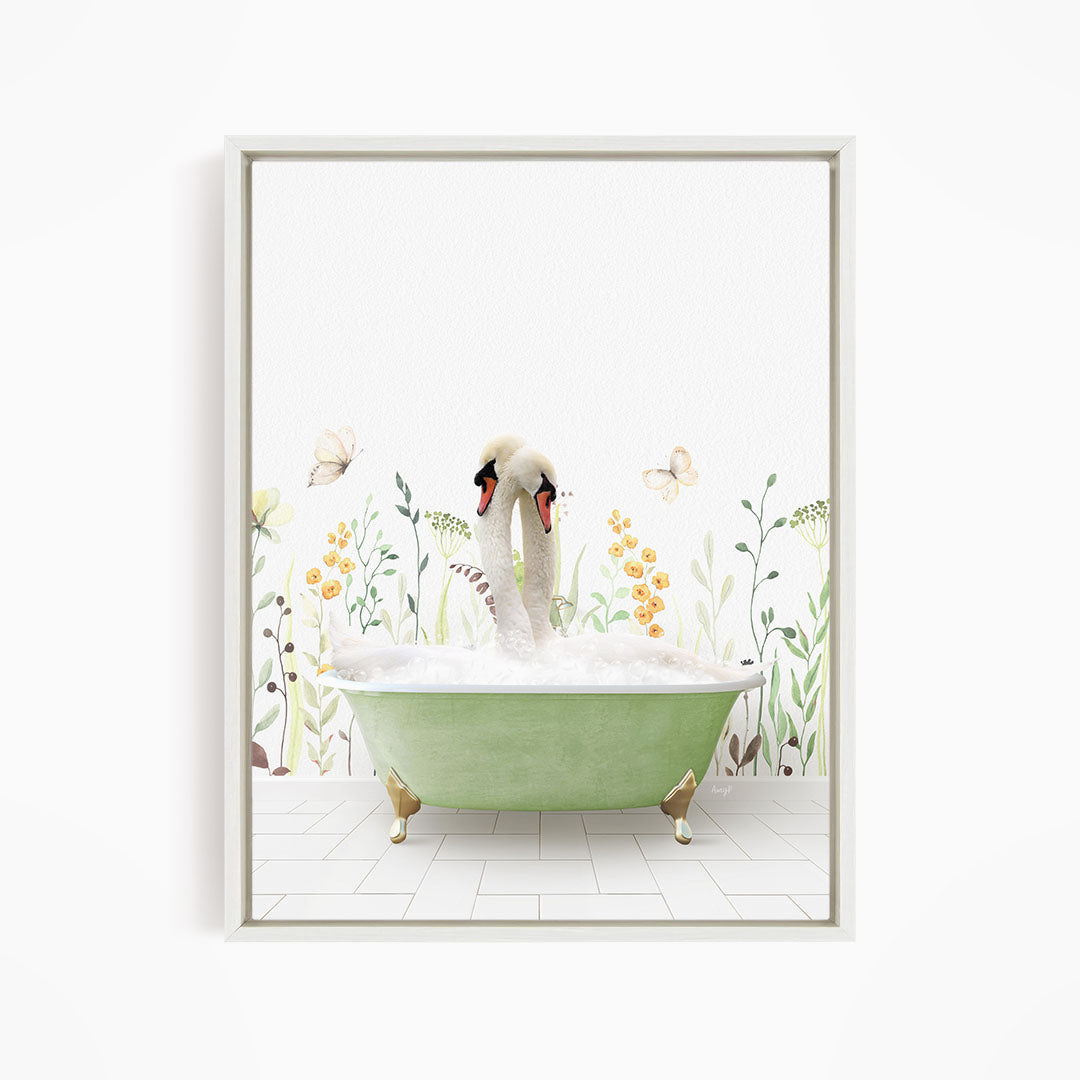 A white swan is sitting in a green bathtub filled with bubbles, surrounded by flowers and butterflies.