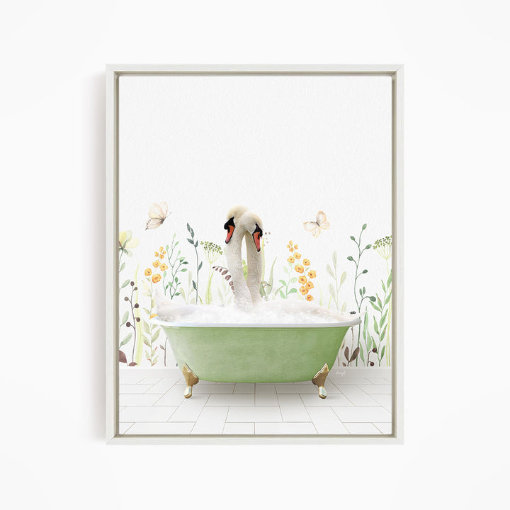A white swan is sitting in a green bathtub filled with bubbles, surrounded by flowers and butterflies.