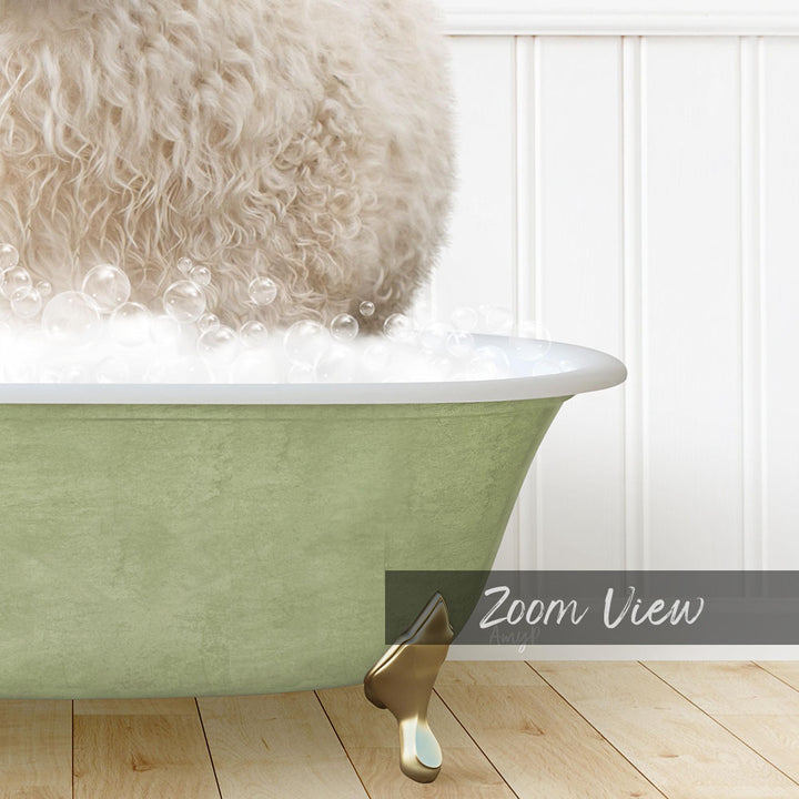 A fluffy white dog is standing in a green bathtub filled with bubbles, enjoying a bath.