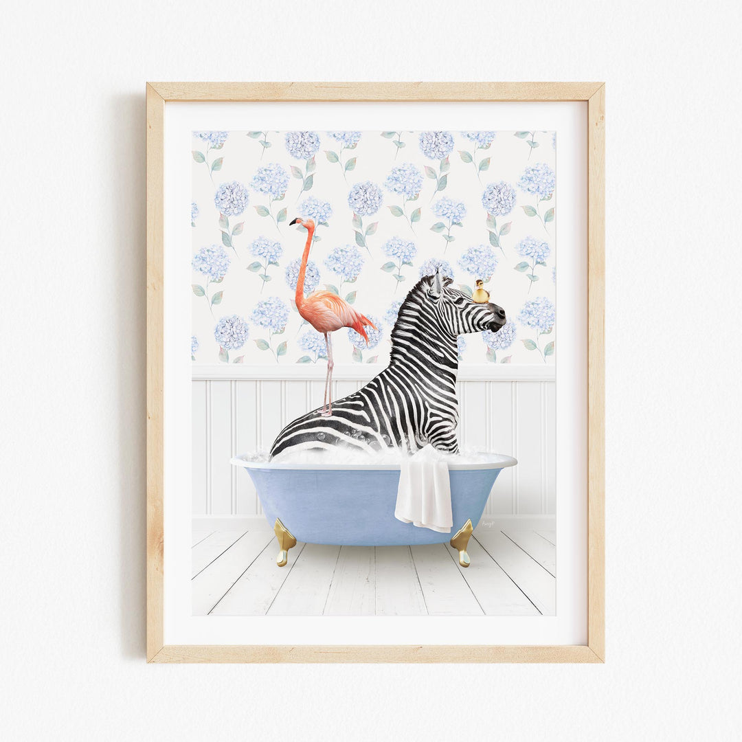 A zebra is sitting in a blue bathtub, surrounded by a pink flamingo and a yellow bird, against a backdrop of blue hydrangea flowers.