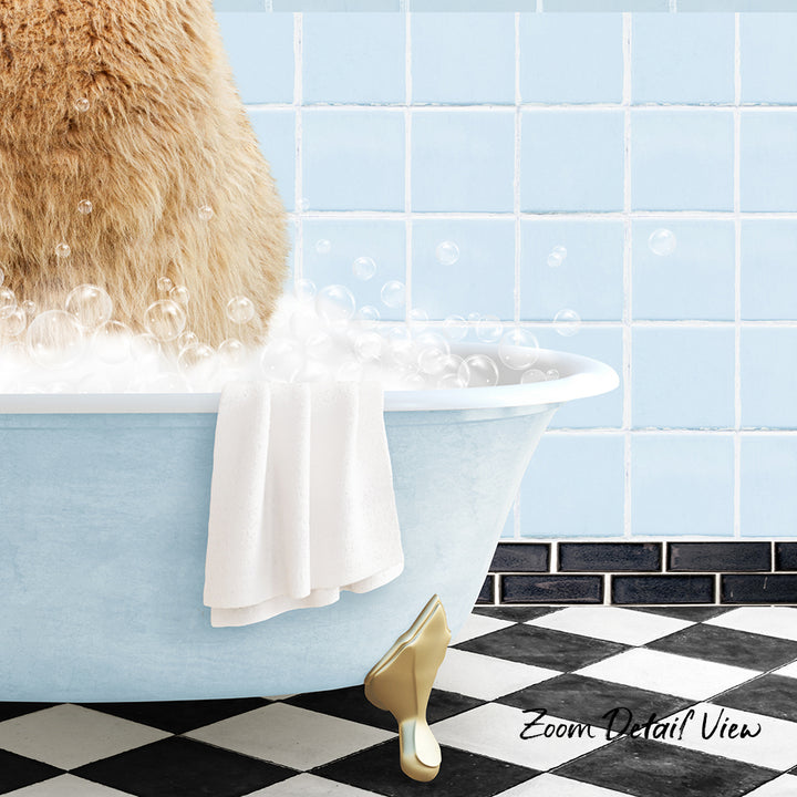 A fluffy brown cat is sitting in a blue bathtub filled with bubbles, with a white towel hanging on the side and a checkered black and white floor in the background.