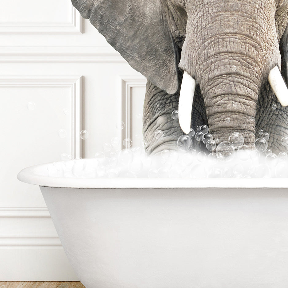 an elephant is taking a bath in a bathtub