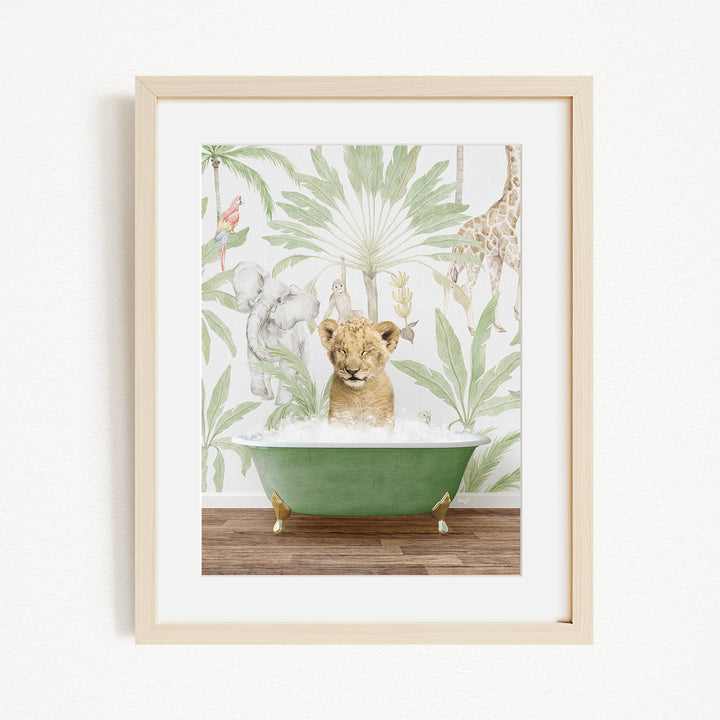 A young lion cub sitting in a green bathtub, surrounded by a tropical jungle wallpaper.