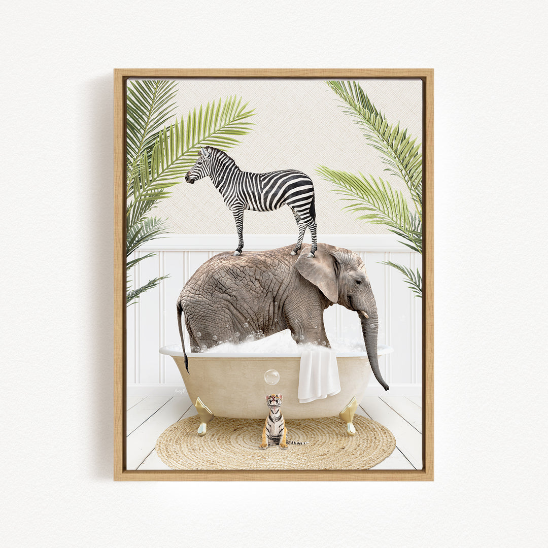 A zebra stands on the back of an elephant in a bathtub, surrounded by palm leaves and a small tiger.