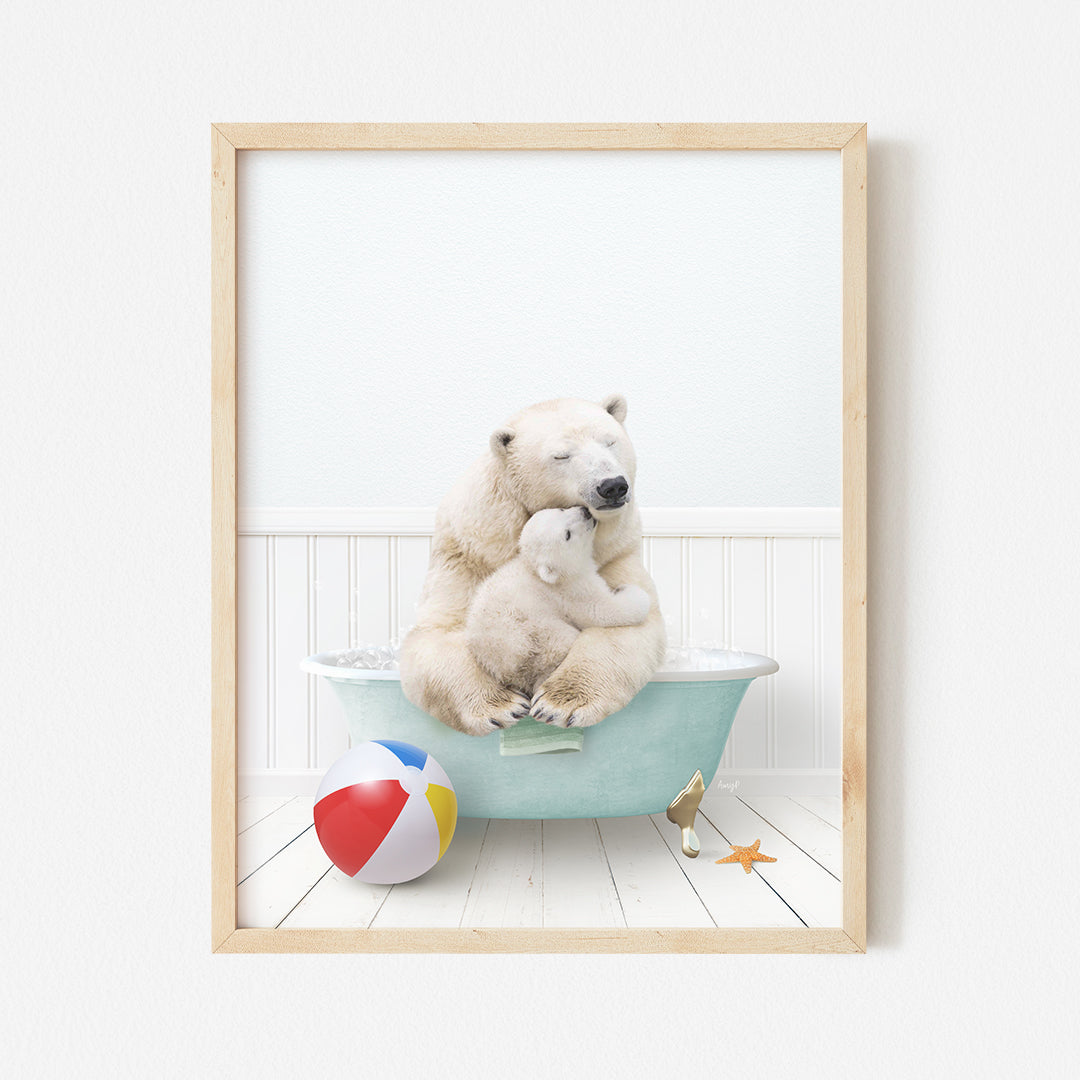 a polar bear sitting in a bathtub with a baby bear