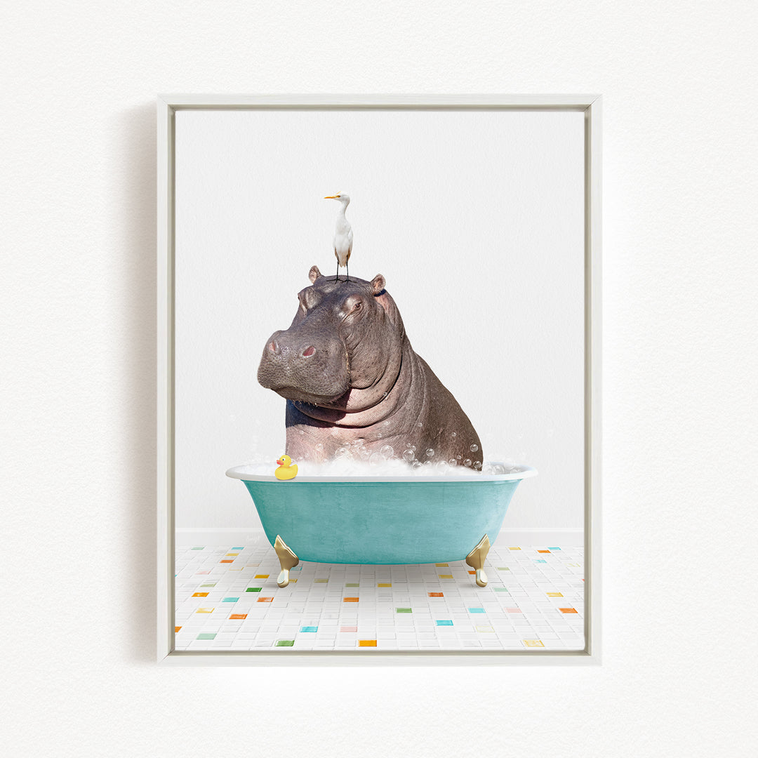 A hippopotamus sitting in a blue bathtub, with a bird perched on its head.