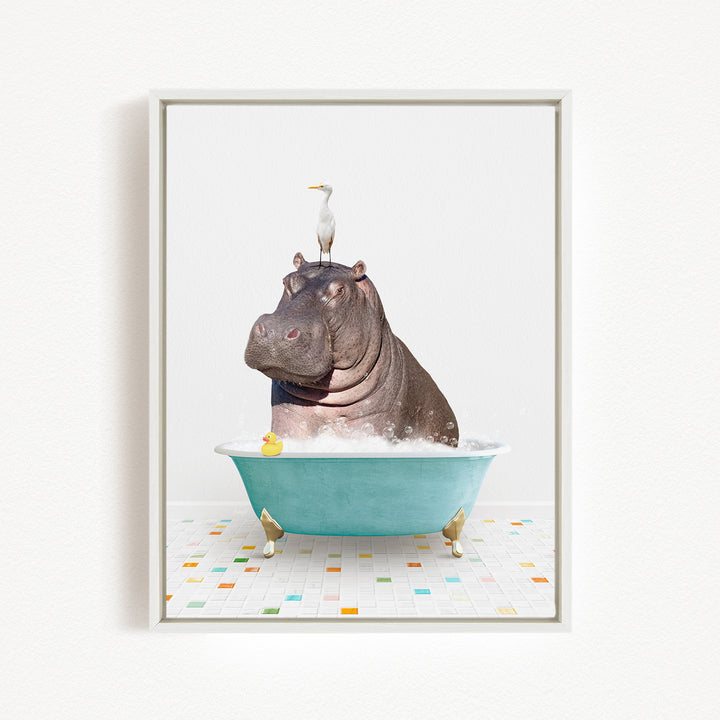 A hippopotamus sitting in a blue bathtub, with a bird perched on its head.