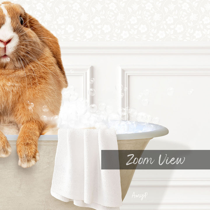 A cute orange rabbit sitting in a bathtub filled with bubbles, with a towel draped over the side and the word "Zoom View" written below.