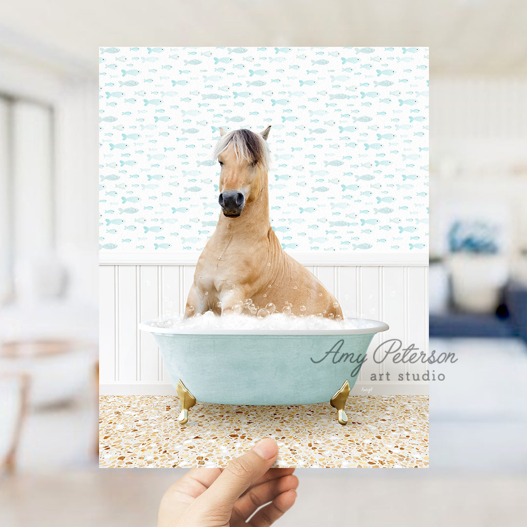 a horse sitting in a bathtub in a room