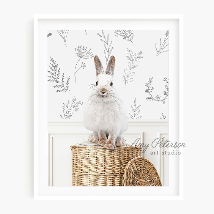 a white rabbit sitting on top of a basket