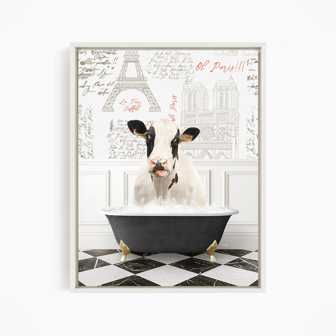 A black and white cow is sitting in a bathtub filled with water, surrounded by a Paris-themed background with the Eiffel Tower and other Parisian landmarks.