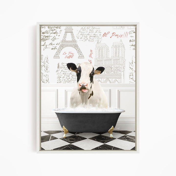 A black and white cow is sitting in a bathtub filled with water, surrounded by a Paris-themed background with the Eiffel Tower and other Parisian landmarks.