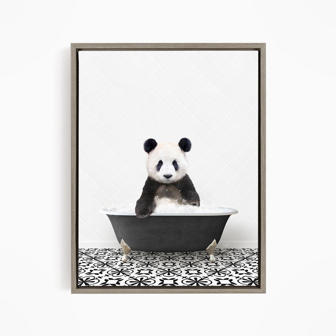 A panda bear sitting in a bathtub filled with water, surrounded by a black and white patterned floor.