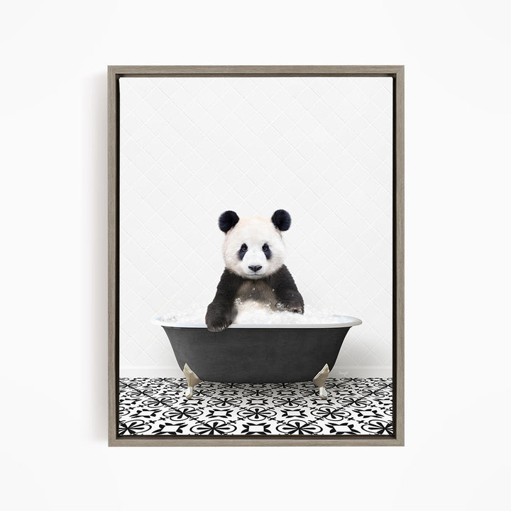 A panda bear sitting in a bathtub filled with water, surrounded by a black and white patterned floor.