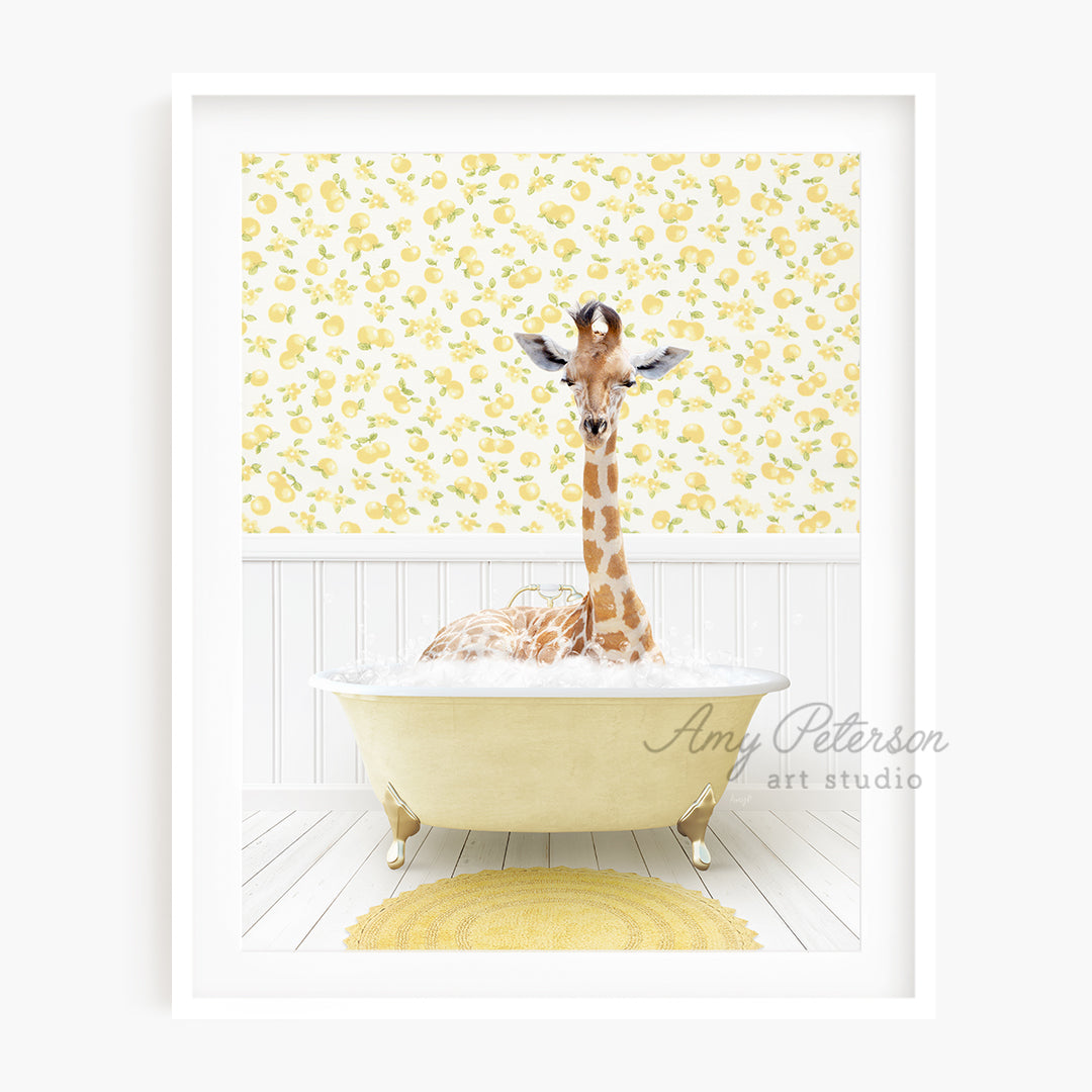 a giraffe is sitting in a bath tub