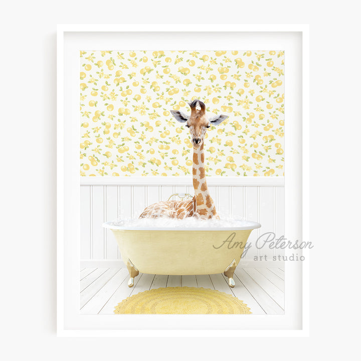 a giraffe is sitting in a bath tub