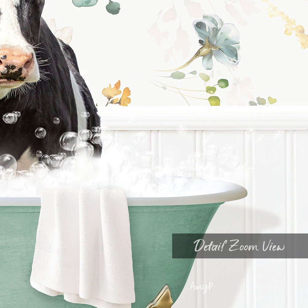 A black and white cow is sitting in a green bathtub filled with bubbles, with a floral pattern on the wall behind it.