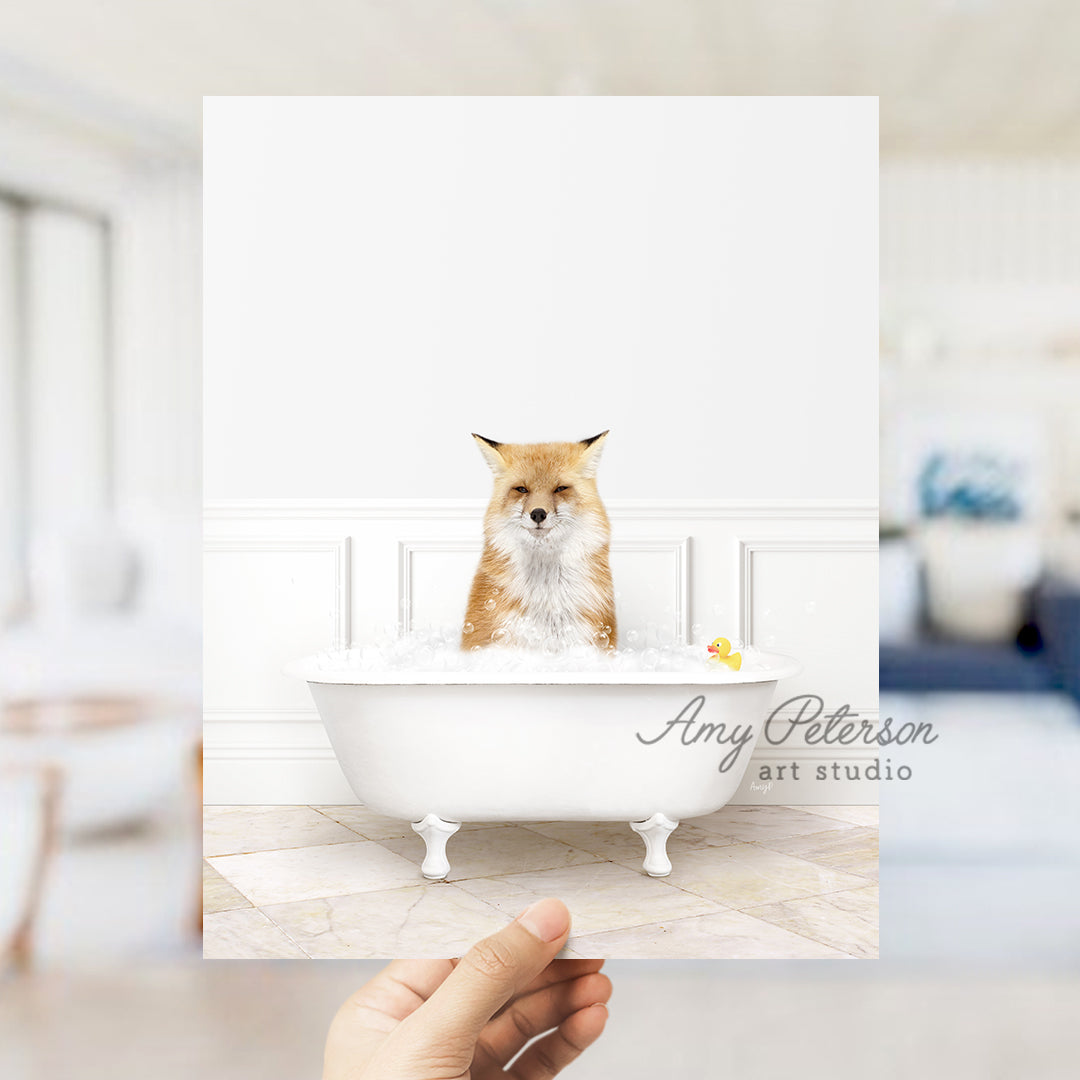 a person holding up a card with a dog in a bathtub