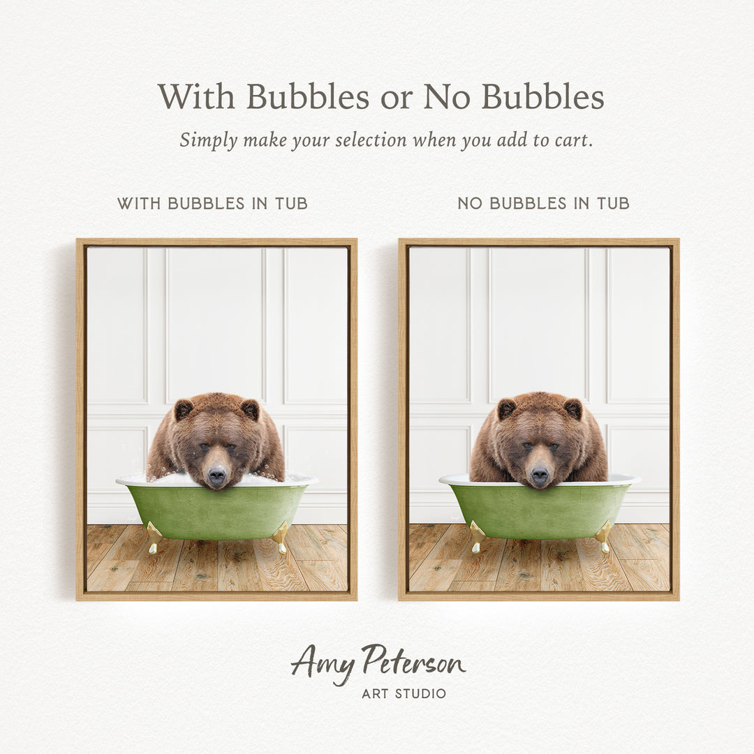 The image is a collage of two pictures featuring a bear sitting in a green bathtub. The bear appears to be enjoying the bath, with bubbles surrounding it. The collage is titled "With Bubbles or No Bubbles" and is created by Amy Peterson from Art Studio.