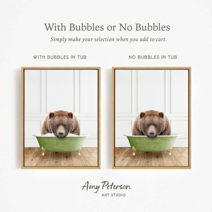 The image is a collage of two pictures featuring a bear sitting in a green bathtub. The bear appears to be enjoying the bath, with bubbles surrounding it. The collage is titled "With Bubbles or No Bubbles" and is created by Amy Peterson from Art Studio.