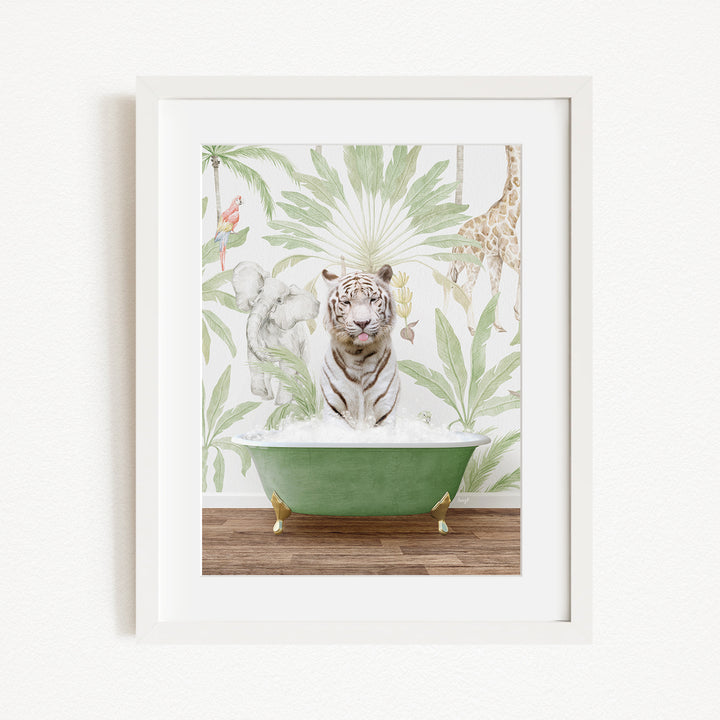 A framed image depicting a tiger sitting in a green bathtub, surrounded by tropical foliage and animals.
